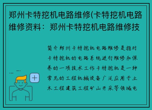 郑州卡特挖机电路维修(卡特挖机电路维修资料：郑州卡特挖机电路维修技术分享)